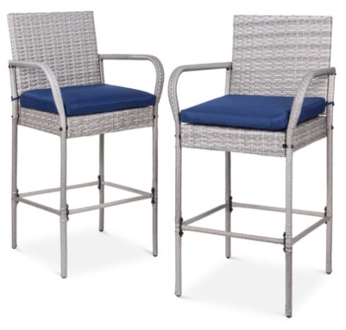 Set of 2 Indoor Outdoor Wicker Bar Stools w/ Cushion, Footrests, Armrests, Gray - Lot 151