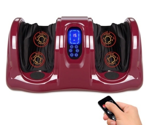 Therapeutic Foot Massager w/ High Intensity Rollers, Remote, 3 Modes, Burgundy - Lot 153