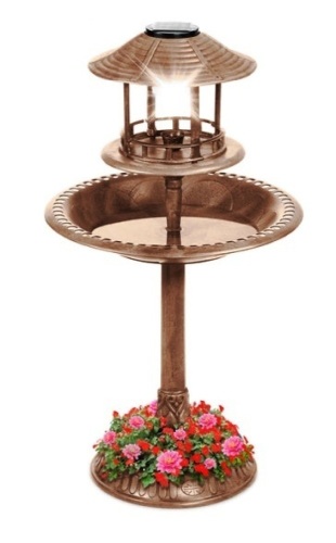Solar Lighted Outdoor Pedestal Bird Bath w/ Planter, Decorative Bird Cage, Bronze - Lot 157