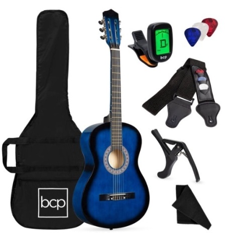 Beginner Acoustic Guitar Set w/ Case, Strap, Digital Tuner, Strings - 38in, Blueburst - Lot 158