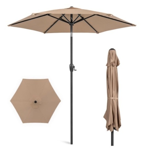 Outdoor Market Patio Umbrella w/ Push Button Tilt, Crank Lift - 7.5ft, Tan - Lot 160