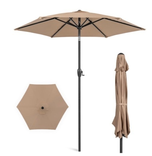 Outdoor Market Patio Umbrella w/ Push Button Tilt, Crank Lift - 7.5ft, Tan - Lot 168