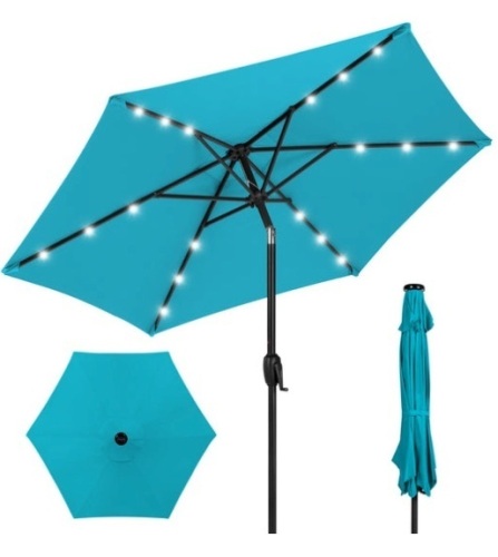 Outdoor Solar Patio Umbrella w/ Push Button Tilt, Crank Lift - 7.5ft, Sky Blue - Lot 175