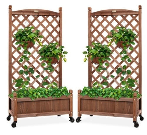 Set of 2 Wood Planter Box & Lattice Trellis w/ Optional Wheels - 48in - Lot 176