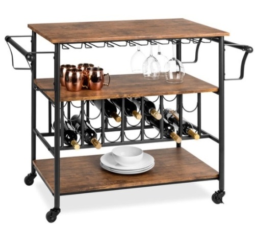 45in Industrial Wood Shelf Bar & Wine Cart w/ Bottle & Glass Racks  - Lot 177