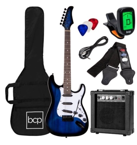 Beginner Electric Guitar Kit w/ Case, 10W Amp, Tremolo Bar - 39in, Hollywood Blue - Lot 185