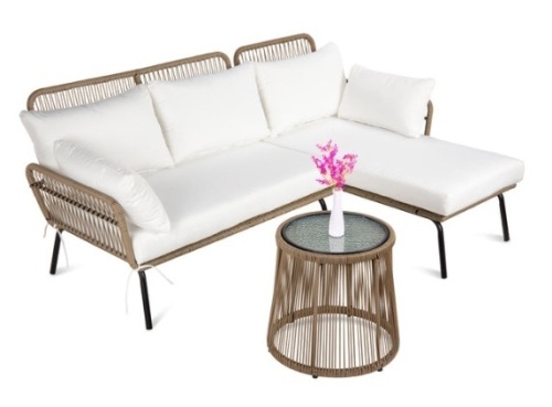 Rope Woven Sectional, L-Shape Sofa Set w/ Detachable Lounger, Table, White  - Lot 190