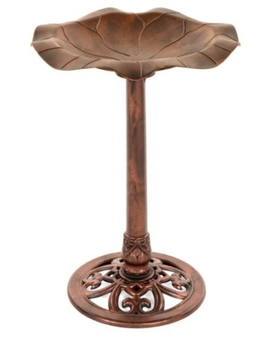 Lily Leaf Pedestal Bird Bath Decoration Accent w/ Floral Accents, Copper - Lot 199