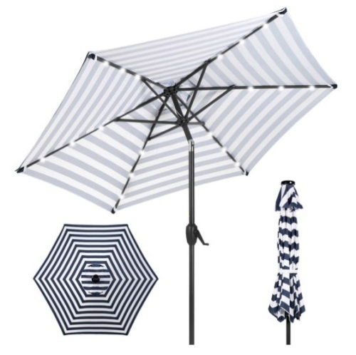 Outdoor Solar Patio Umbrella w/ Push Button Tilt, Crank Lift - 7.5ft, Navy Stripe - Lot 300