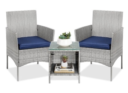 3-Piece Outdoor Patio Wicker Bistro Set w/ Side Storage Table, Gray/Navy - Lot 302