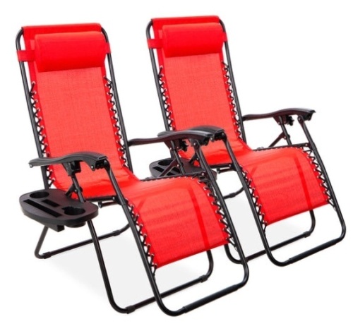 Set of 2 Adjustable Zero Gravity Patio Chair Recliners w/ Cup Holders, Crimson Red - Lot 304