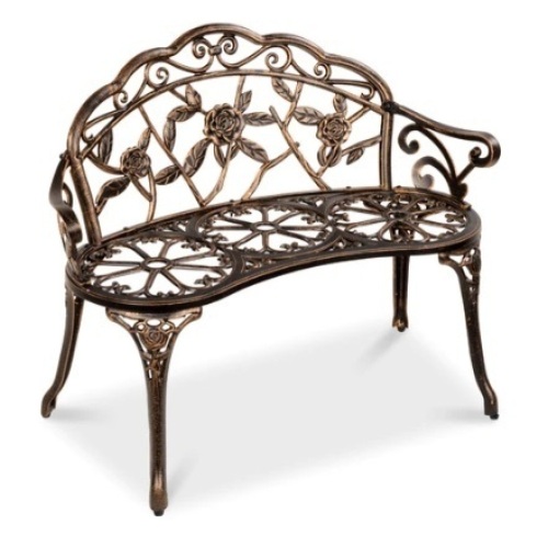 Steel Garden Bench Outdoor Patio Furniture w/ Floral Rose Accent - 39in, Bronze - Lot 202