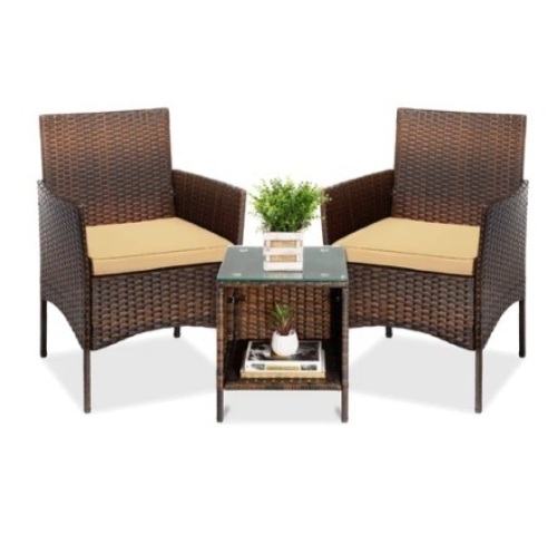 3-Piece Outdoor Patio Wicker Bistro Set w/ Side Storage Table,Brown/Tan - Lot 210