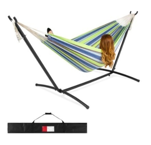 2-Person Brazilian-Style Double Hammock w/ Carrying Bag and Steel Stand, Blue Green Stripe - Lot 221
