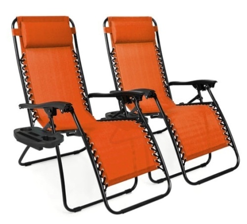 Set of 2 Adjustable Zero Gravity Patio Chair Recliners w/ Cup Holders, Burnt Orange - Lot 305
