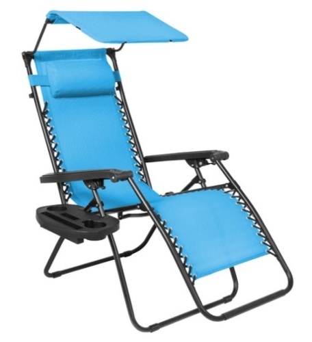 Folding Zero Gravity Recliner Patio Lounge Chair w/ Canopy, Side Tray, Light Blue - Lot 306