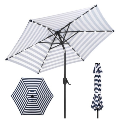 Outdoor Solar Patio Umbrella w/ Push Button Tilt, Crank Lift - 7.5ft, Navy Stripe - Lot 308