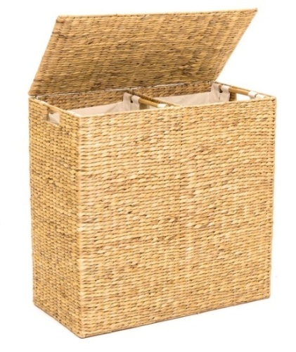 Extra Large Water Hyacinth Double Laundry Hamper Basket w/ 2 Liner Bags, Brown - Lot 312