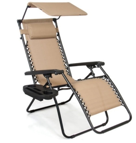Folding Zero Gravity Recliner Patio Lounge Chair w/ Canopy, Side Tray, Beige - Lot 313