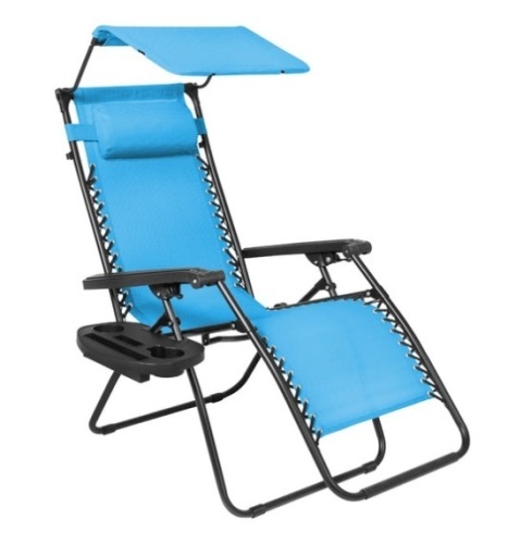 Folding Zero Gravity Recliner Patio Lounge Chair w/ Canopy, Side Tray, Light Blue - Lot 314