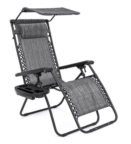 Folding Zero Gravity Recliner Patio Lounge Chair w/ Canopy, Side Tray, Gray - Lot 316