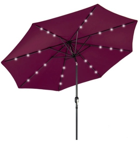 Solar LED Lighted Patio Umbrella w/ Tilt Adjustment, UV-Resistance - 10ft, Burgundy - Lot 317