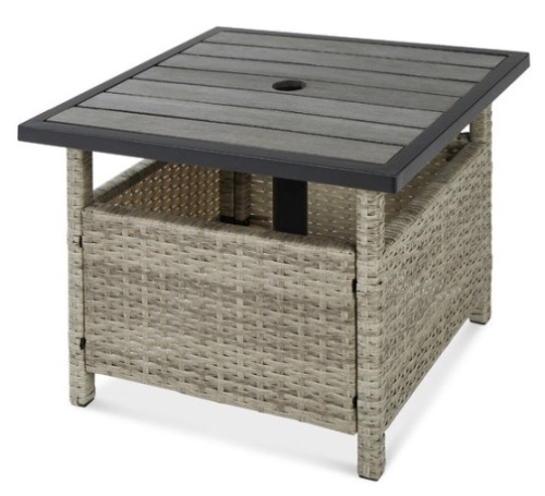 Outdoor Wicker Patio Side Table Accent Furniture w/ Umbrella Hole, Gray - Lot 319