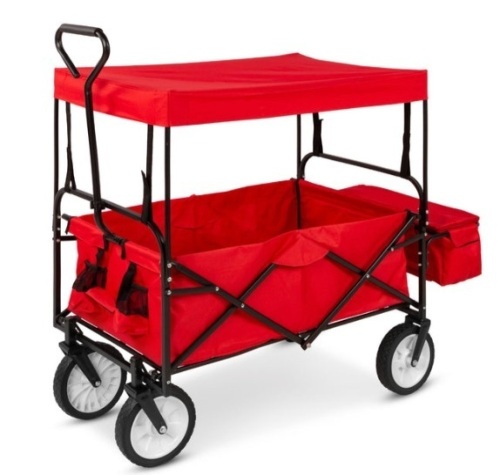 Utility Wagon Cart w/ Folding Design, 2 Cup Holders, Removable Canopy, Red - Lot 320