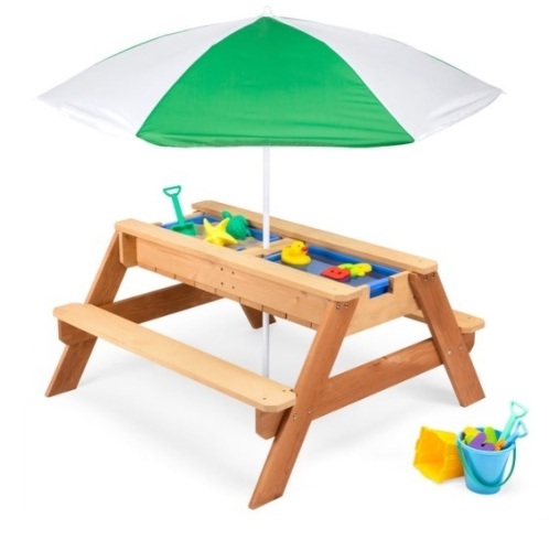 3-in-1 Kids Sand & Water Table Outdoor Wood Picnic Table w/ Umbrella, Green - Lot 338