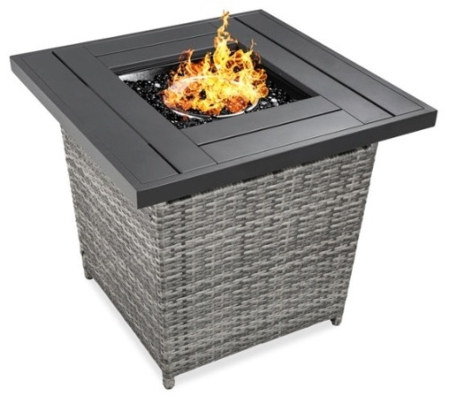 28in Fire Pit Table 50,000 BTU Wicker Propane w/ Faux Wood Tabletop, Cover, Gray - Lot 339