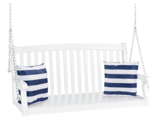 Wooden Curved Back Hanging Porch Swing Bench w/ Mounting Chains - 48in, White - Lot 342