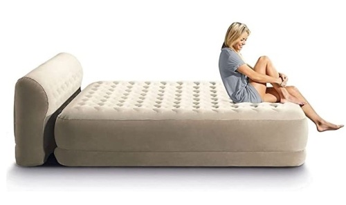 Intex Dura-Beam Air Mattress Deluxe Comfort Headboard Airbed Queen 18 Inch Height Internal Pump (Brown/Beige) - Lot 353