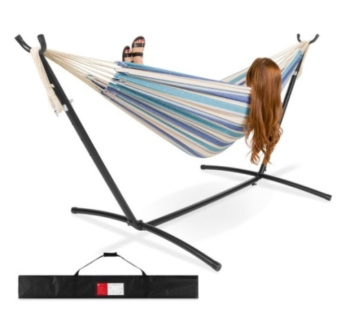 2-Person Brazilian-Style Double Hammock w/ Carrying Bag and Steel Stand, Ocean - Lot 356