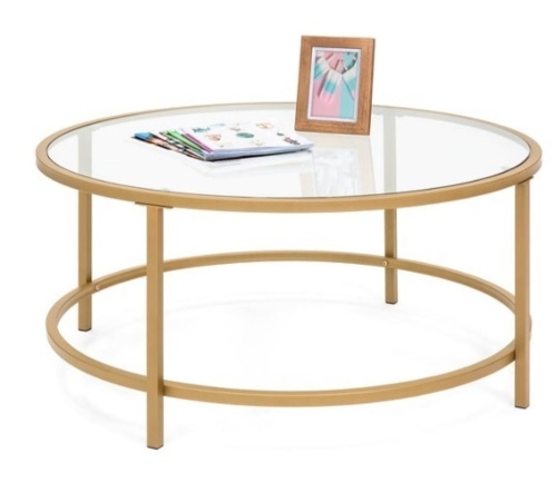 Round Tempered Glass Coffee Table w/ Steel Frame - 36in, Gold - Lot 360