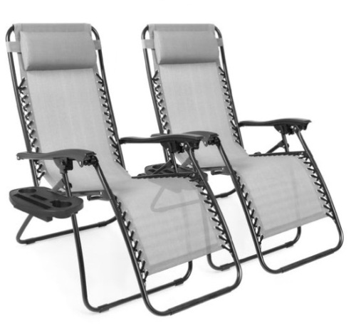Set of 2 Adjustable Zero Gravity Patio Chair Recliners w/ Cup Holders, Ice Gray - Lot 364