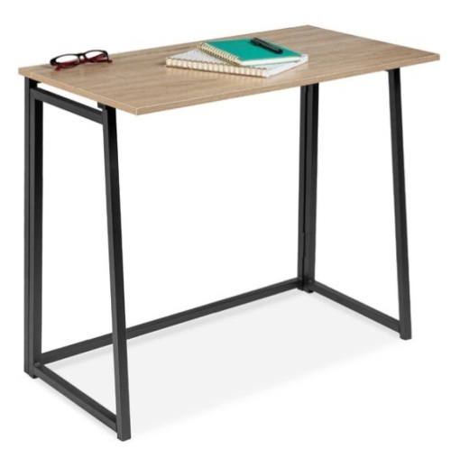 Folding Drop Leaf Office Desk w/ Wood Table Top, Back Shelf - 31.5in, Black/Natural - Lot 365