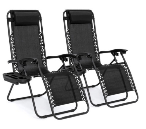 Set of 2 Adjustable Zero Gravity Patio Chair Recliners w/ Cup Holders, Black - Lot 366