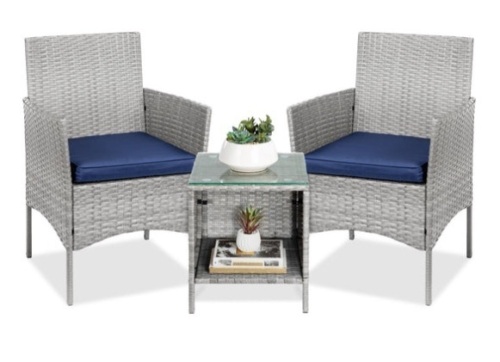 3-Piece Outdoor Patio Wicker Bistro Set w/ Side Storage Table, Gray/Navy - Lot 369