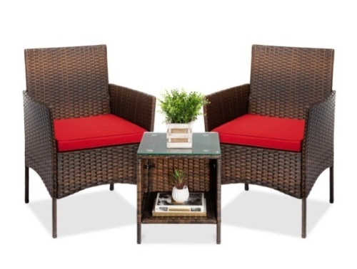 3-Piece Outdoor Patio Wicker Bistro Set w/ Side Storage Table, Brown/Red - Lot 373