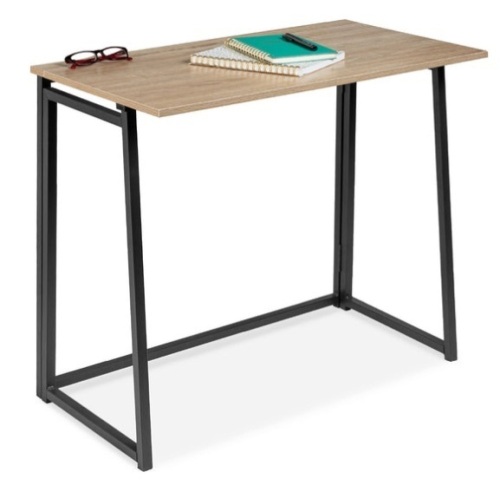 Folding Drop Leaf Office Desk w/ Wood Table Top, Back Shelf - 31.5in, Black/Natural - Lot 378