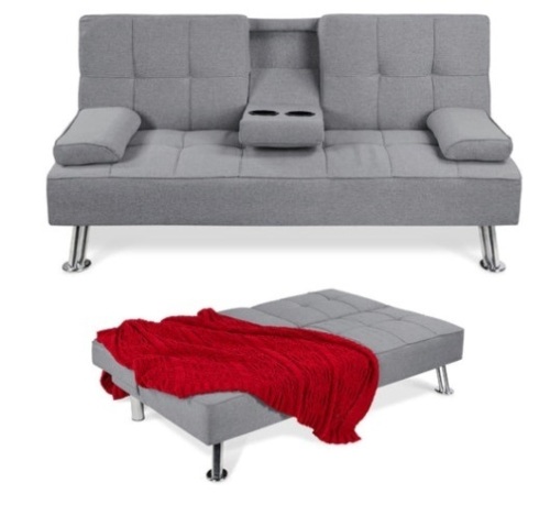 Linen Upholstered Convertible Sofa Bed Futon w/ 2 Cupholders, Gray - Lot 382