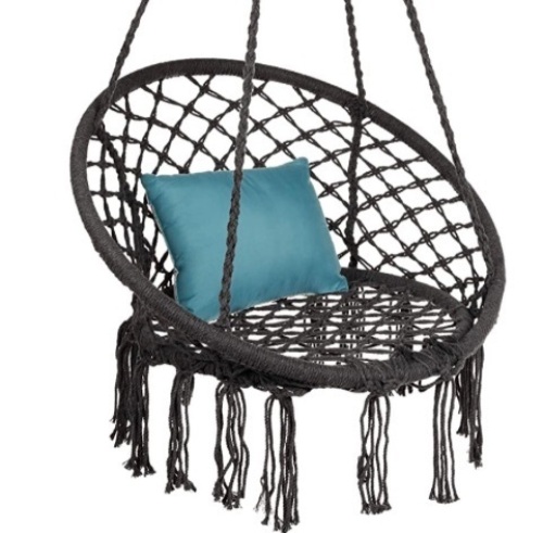 Handwoven Cotton Macramé Hammock Hanging Chair Swing for Indoor & Outdoor Use w/Backrest, Fringe Tassels, 265 Pound Capacity - Black - Lot 386