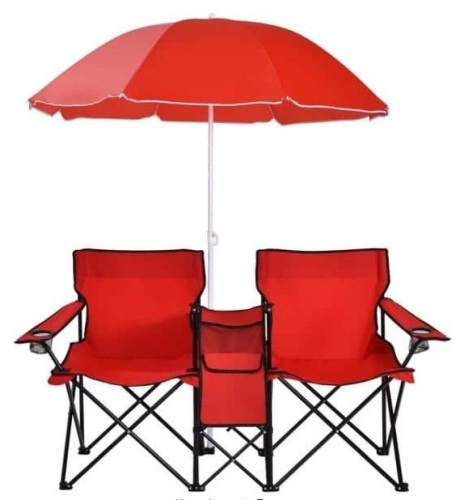 Red Plastic Portable Folding Picnic Double Chair W/Umbrella Table Cooler Beach Camping - Lot 399