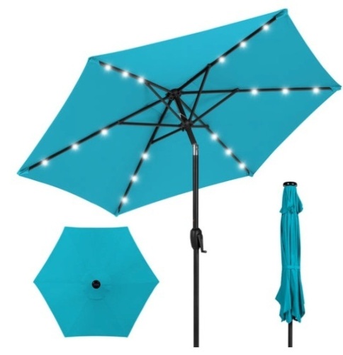 Outdoor Solar Patio Umbrella w/ Push Button Tilt, Crank Lift - 7.5ft, Sky Blue - Lot 402