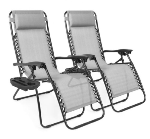 Set of 2 Adjustable Zero Gravity Patio Chair Recliners w/ Cup Holders, Ice Gray - Lot 405