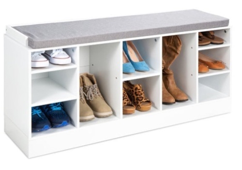 Shoe Storage Rack Bench w/ Padded Seat, 10 Cubbies - 46in, White - Lot 417