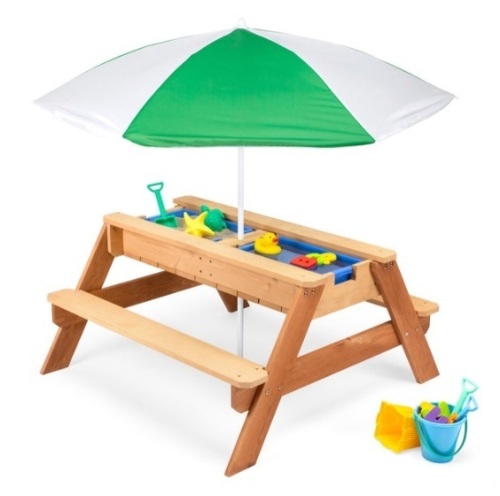 3-in-1 Kids Sand & Water Table Outdoor Wood Picnic Table w/ Umbrella, Green - Lot 418