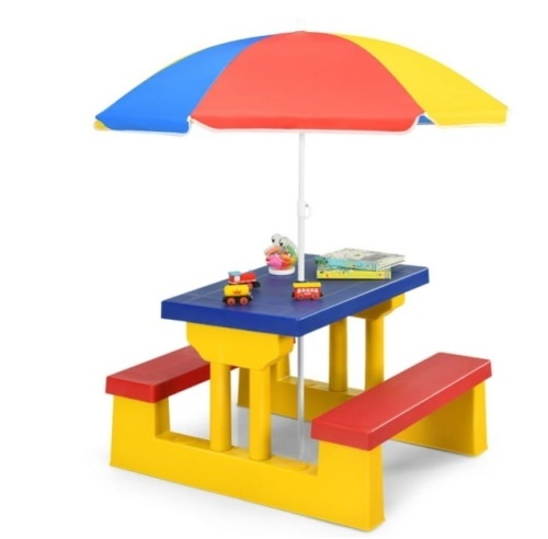 Kids Picnic Folding Table And Bench With Umbrella-Yellow - Lot 420