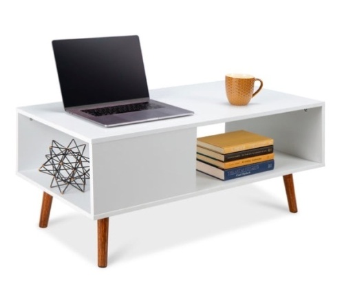Wooden Mid-Century Modern Coffee Accent Table w/ Open Storage Shelf, White - Lot 422