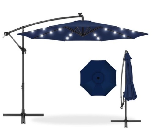 Solar LED Offset Hanging Patio Umbrella w/ Crank Tilt Adjustment - 10ft, Navy Blue - Lot 425